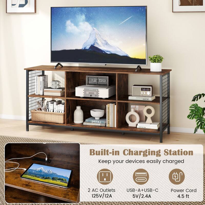 55 Inch Rustic Wood and Metal TV Cabinet with USB Charging and AC Power Outlet 3-Tier Open Storage - 55" x 16" x 25"