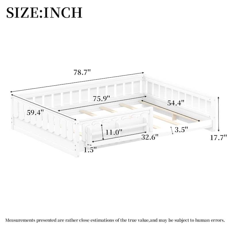 Kid Wood Platform Storage Bed Montessori Toddler Floor Bed Children Daybed with Guardrail and Side Creativity Storage Shelves