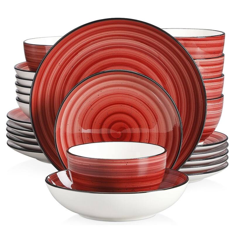 vancasso Bonbon Stoneware Handpainted Spirals Pattern Dinnerware Set - Red - 24 Piece