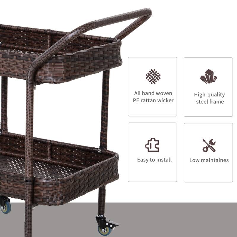 Outsunny Rattan Wicker Serving cart with 2-Tier Open Shelf, Outdoor Wheeled Bar cart with Brakes for Poolside, Garden, Patio