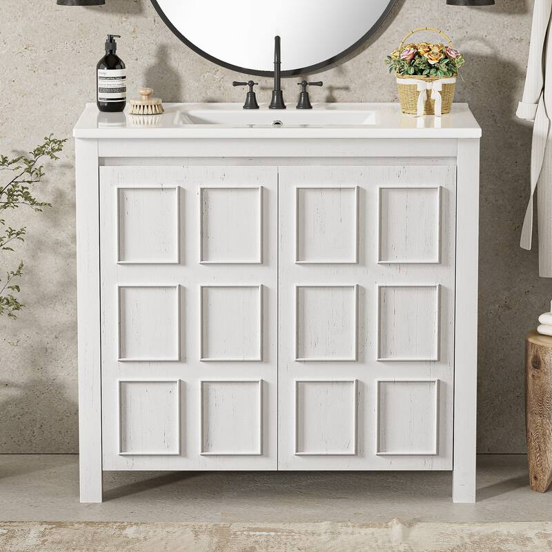 36" Antique White Bathroom Vanity Set - Ceramic Sink Storage Cabinet with Organizer - White