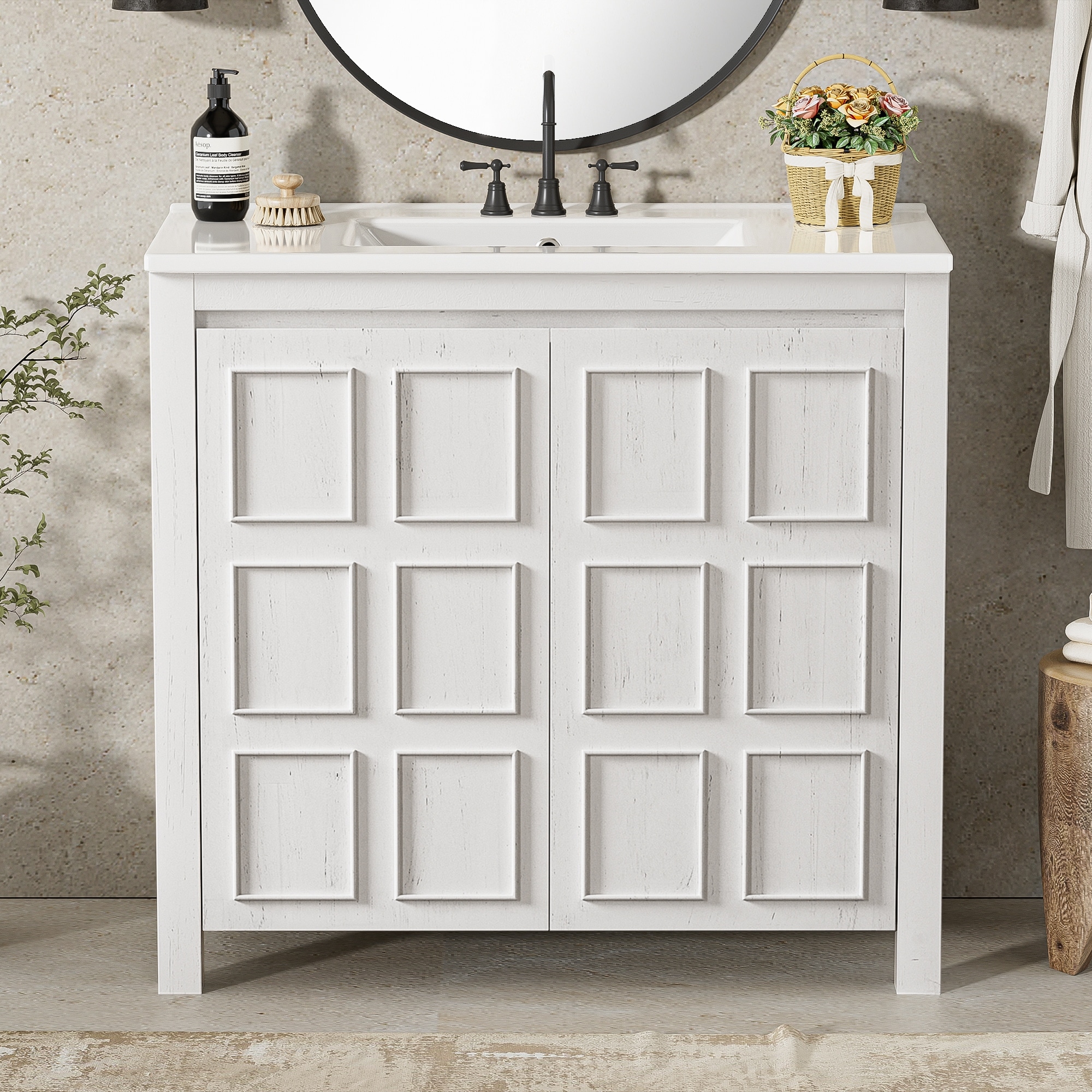 36" Bathroom Vanity Organizer with Ceramic Sink, Set Bathroom Storage Cabinet