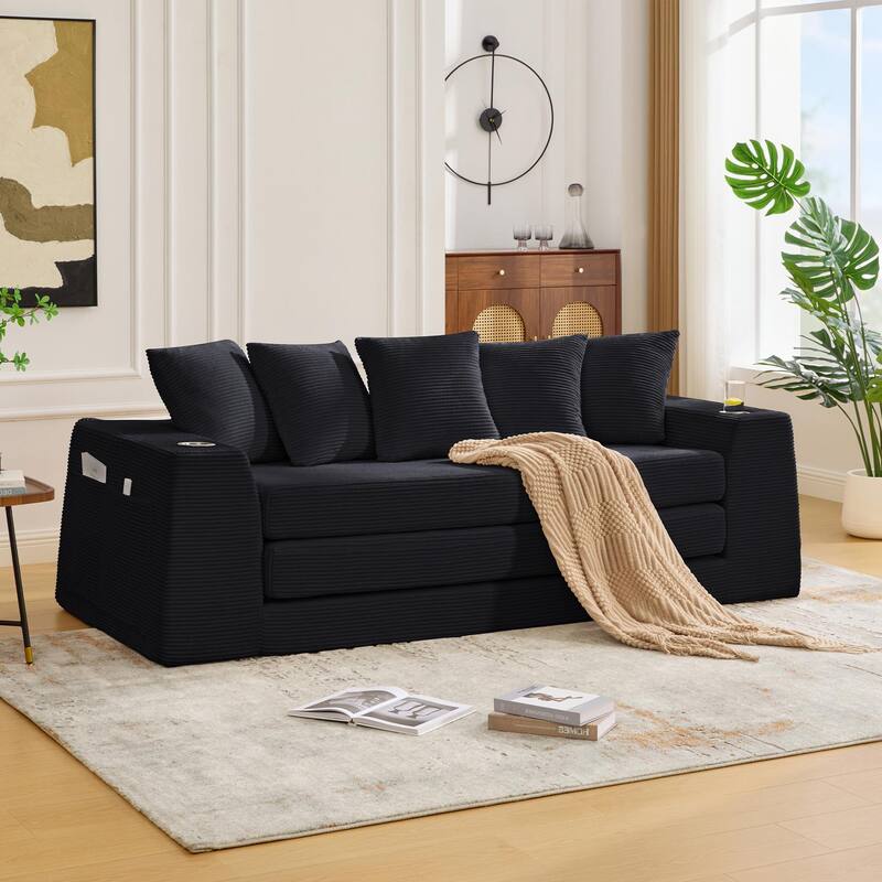 Modern Convertible Loveseat Sofa Bed, Corduroy Fabric Foldable Floor Couch w/5 Pillows, Side Pockets & Cup Holders, No Assembly - Black