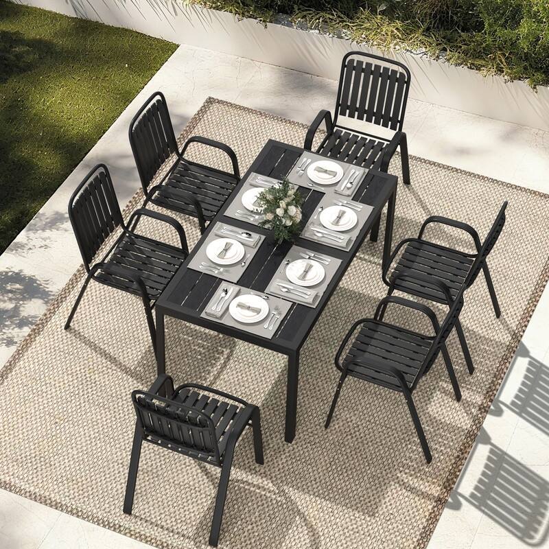 6-Person Patio Dining Set, Stackable Chairs and Rectangular Steel Table with Umbrella Hole