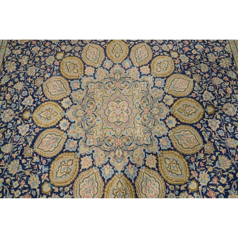 Hand Knotted Oriental 100% Wool Carpet Traditional Floral Navy Blue & Blues Kerman Area Rug - 13' 4'' X 10' 0''