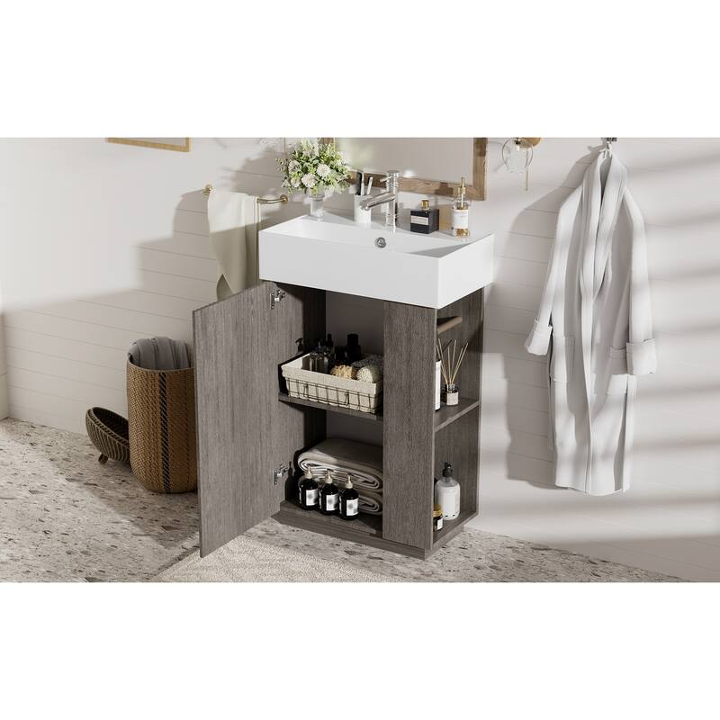 GDFStudio - Malisa Rustic 21.6" Freestanding Wood Grain Cabinet Bathroom Vanity with Ceramic Sink, Door & Storage
