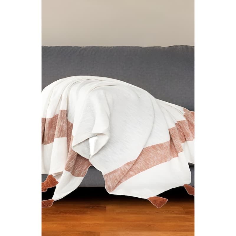 50" X 60" Orange Woven Cotton Striped Throw Blanket with Tassels - Throw