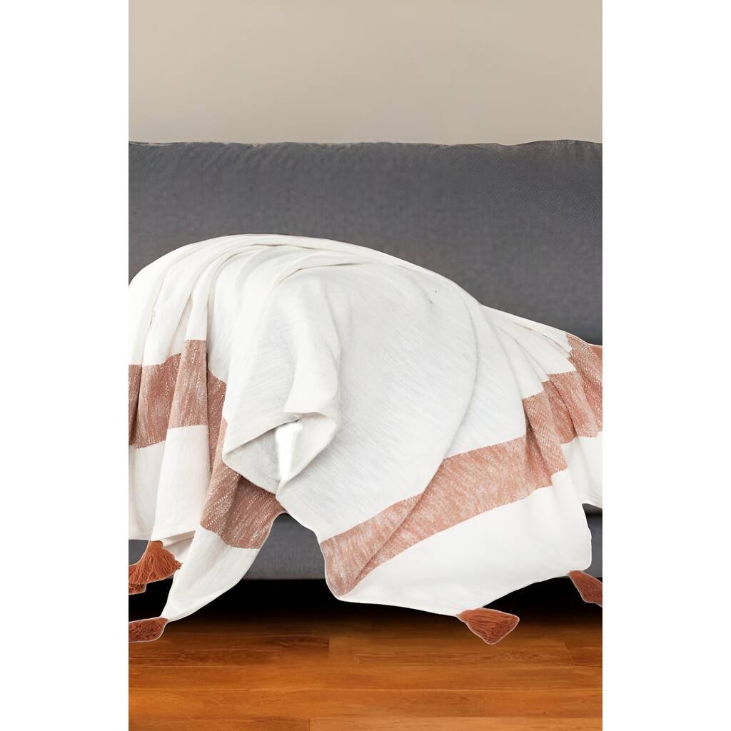 50" X 60" Orange Woven Cotton Striped Throw Blanket with Tassels