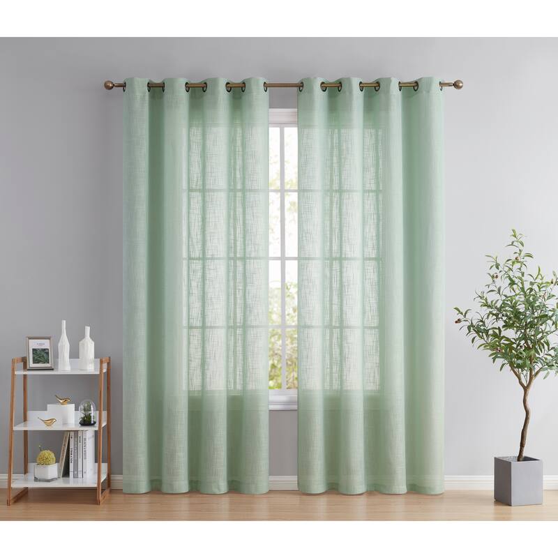 HLC.me Abbey Faux Linen Textured Semi Sheer Privacy Light Filtering Transparent Window Grommet Curtain Panels, Pair - 54 W x 96 L per panel - Set of 2 - Seafoam Green