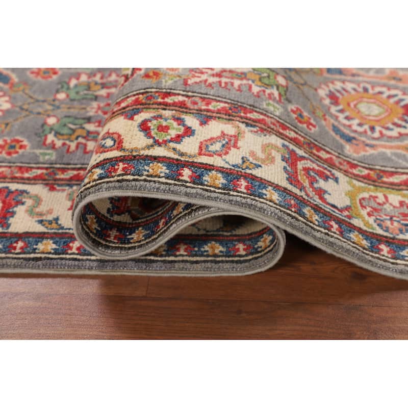 Traditional Kazak Runner Rug Hand-Knotted Grey Wool Carpet - 2'1" x 5'10"