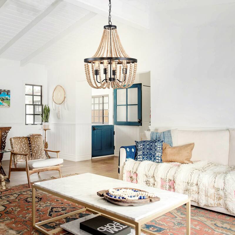 Farmhouse Beaded Chandelier Wood Chandelier Wood Bead Chandelier - 4-Light