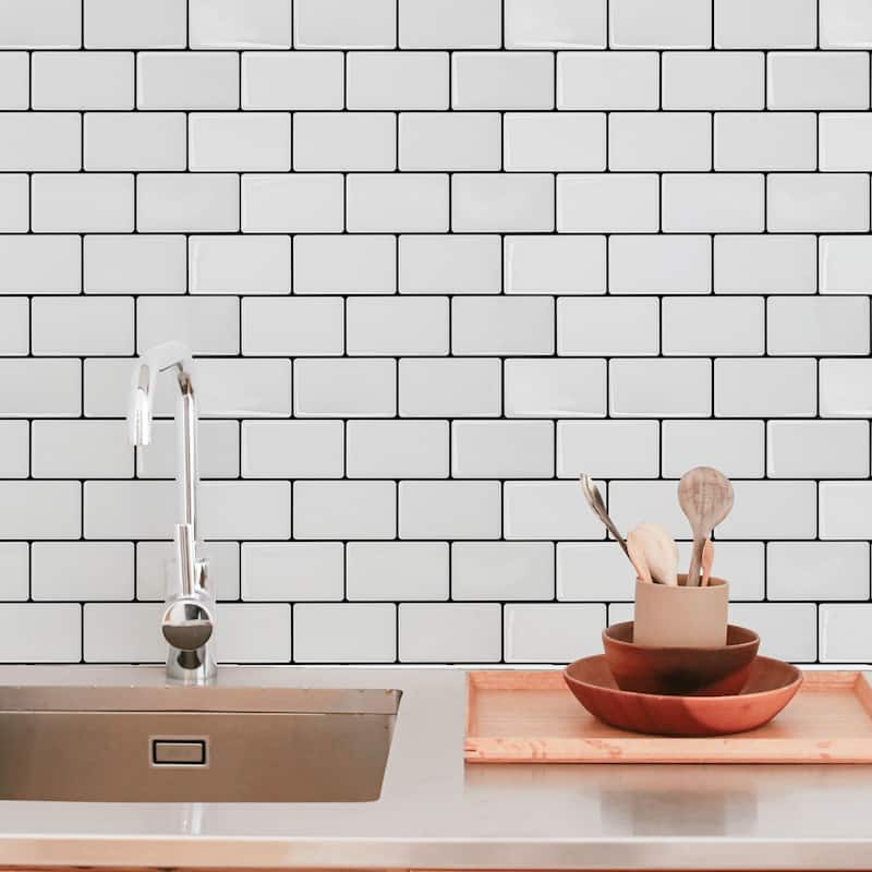 Art3d 12"x12" Backsplash Tile for Kitchen, Peel and Stick Subway Tiles,White with Black Grout,10-Sheet - White