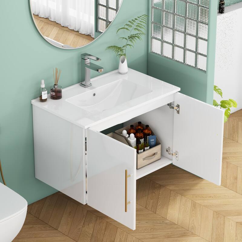 30-Inch Gloss Wall-Mounted Bathroom Vanity with Double Doors, Soft-Close Hangers,Long Gold Metal Handle