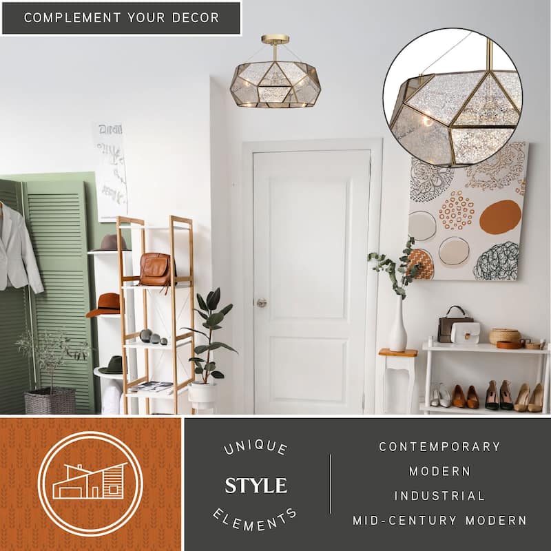 Euclid 16-in W Gold Aged Brass Contemporary Geometric Semi Flush Mount Ceiling Light Fixture - 16-in W x 11-in H x 16-in D