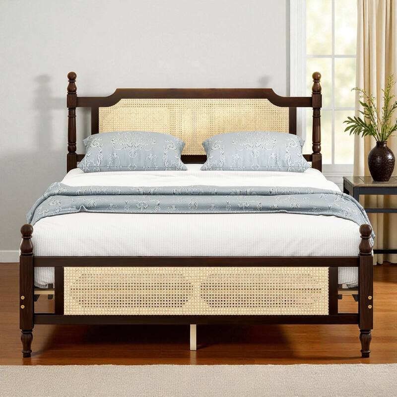 Queen/King Size Pine Wood Bed with Rattan Headboard and Footboard, Solid Frame with Central Support and Under-Bed Storage