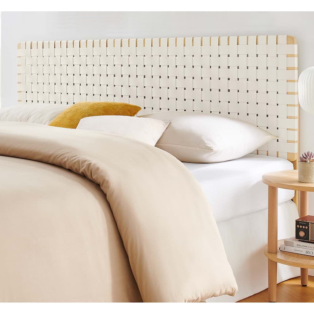 Ditmas Solid Wooden Off-White Leather Basket Weaved King Size Headboard
