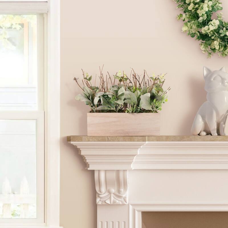 12" Green and Beige Lambs Ear Faux Plant Arrangement in a Wooden Planter