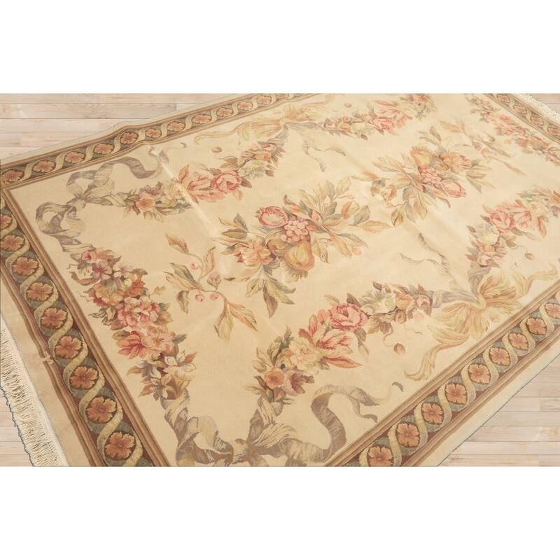 5'9''x9 Hand Knotted Wool & Silk Ivory French Aubusson Savonnerie 300 KPSI Asmara Rug - 5' 9'' x 9'