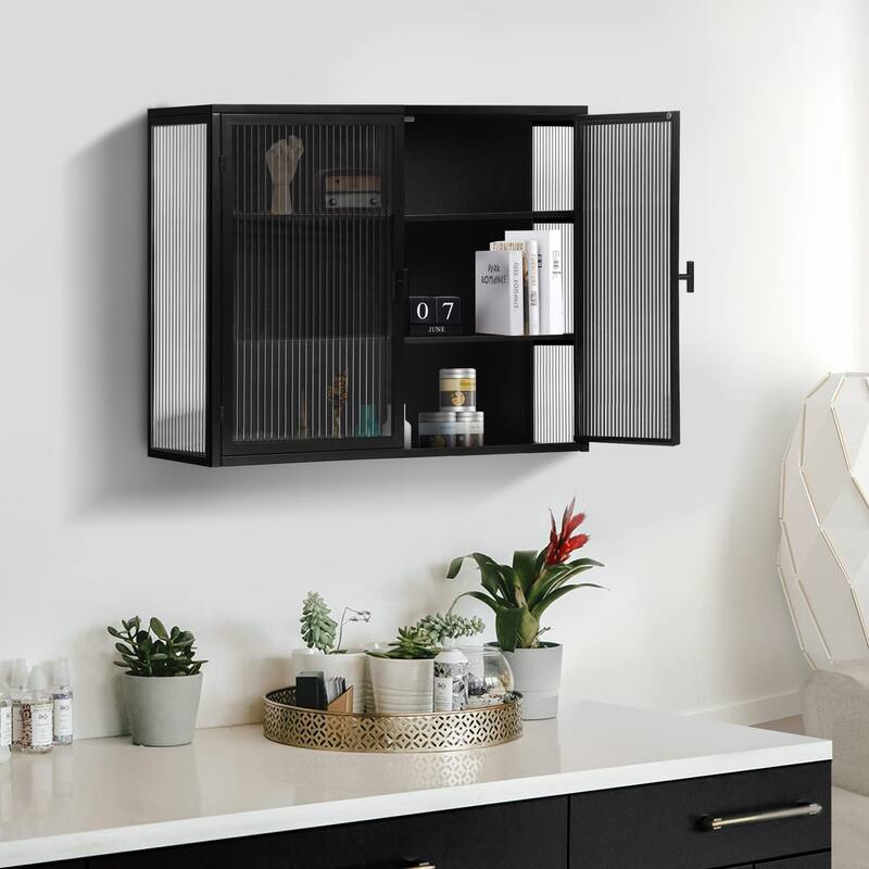 27.56" Glass Doors Modern 2-door Wall Cabinet with Featuring 3-tier Storage