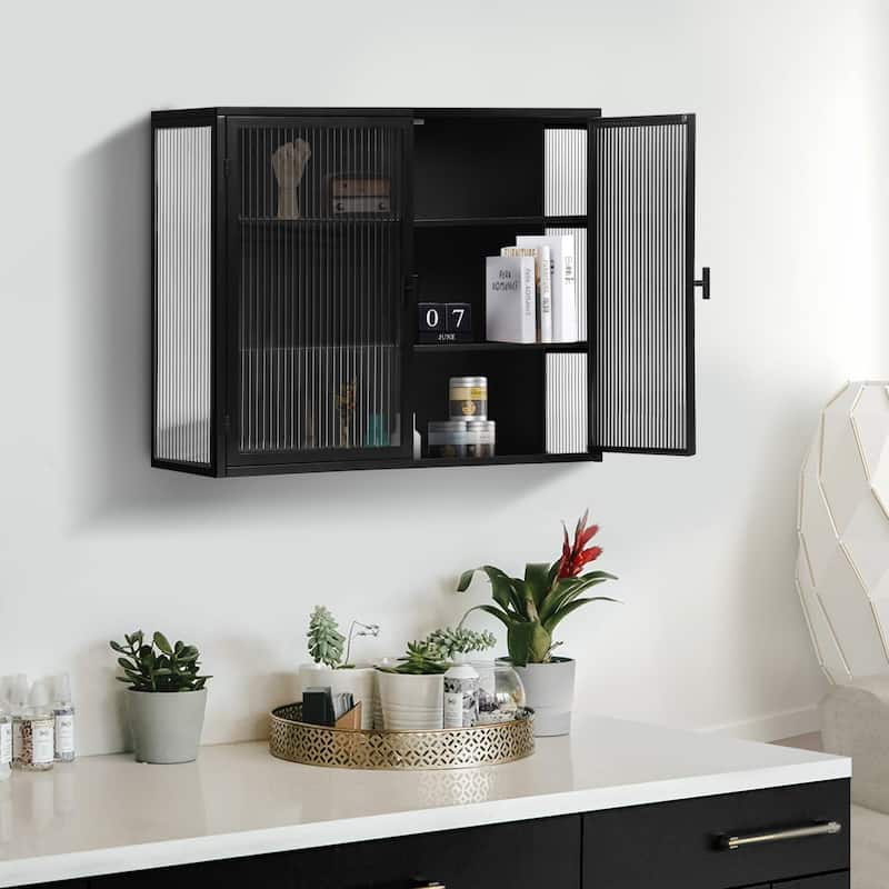 Anmytek Modern Black Glass Wall Cabinet 3-Tier Storage for Bathroom & Living Room