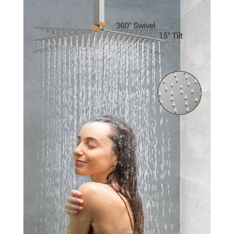 Shower System 12" Ceiling Rain Shower Head with 3-Way Thermostatic Faucet & Body Jets