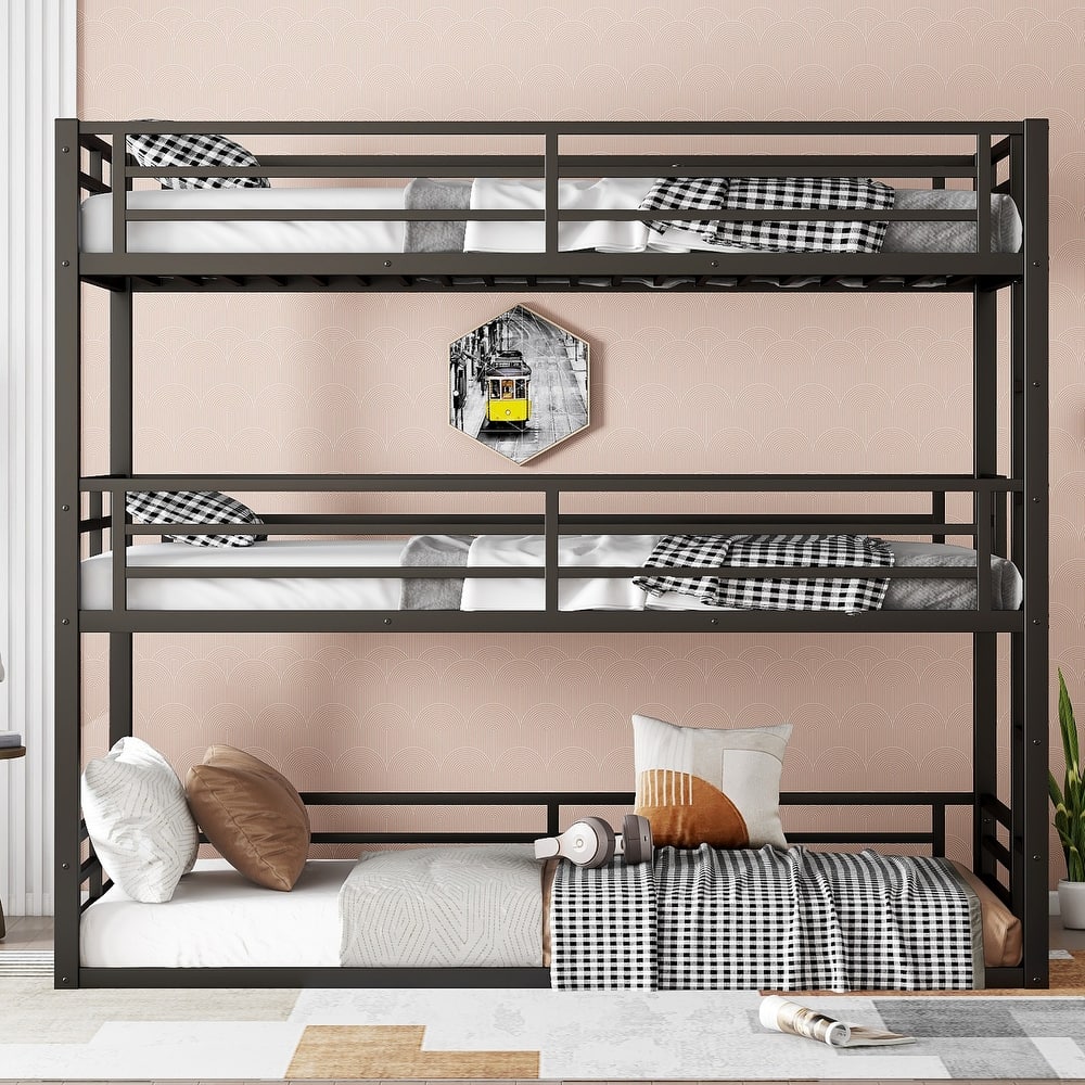 GDFStudio - Fillip Metal Triple Bunk Bed with Guardrails & Noise-Reduced Heavy-Duty Frame