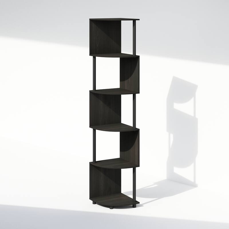 Furinno Basic 5-Tier Zigzag Corner Multipurpose Standing Shelf, Amber Pine/Black - Amber Pine/Black