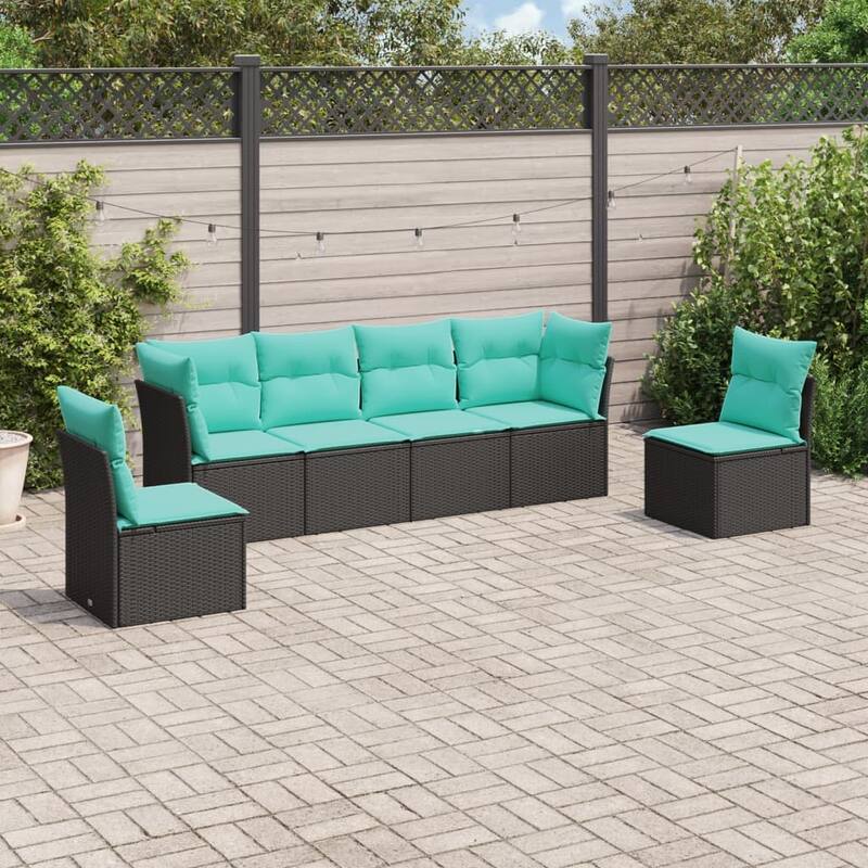 vidaXL 6 Piece Patio Sofa Set with Cushions Black Poly Rattan - 92.1x27.2x24.4-Without table