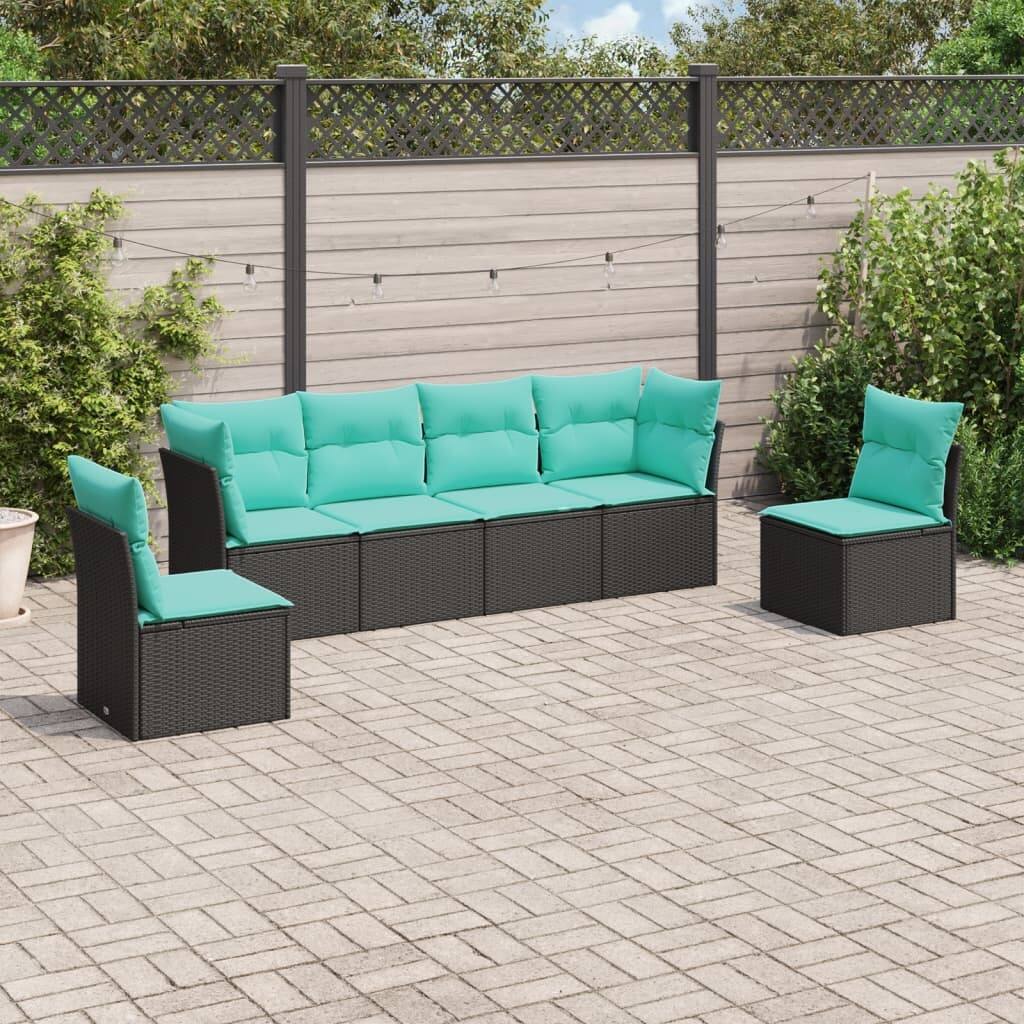 vidaXL 6 Piece Patio Sofa Set with Cushions Black Poly Rattan - 92.1x27.2x24.4-Without table