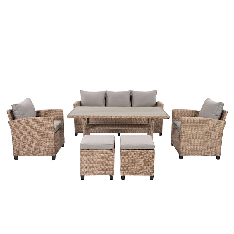 6 Piece Outdoor Patio Conversation Furniture Set with Coffee Table, All Weather PE Rattan Sofa Set with 2 Ottoman and Cushions - Natural