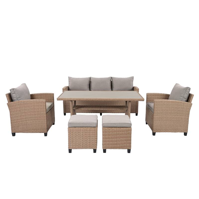 6-Piece Outdoor Rattan Wicker Set Patio Garden Backyard Sofa, Chair, Stools and Table