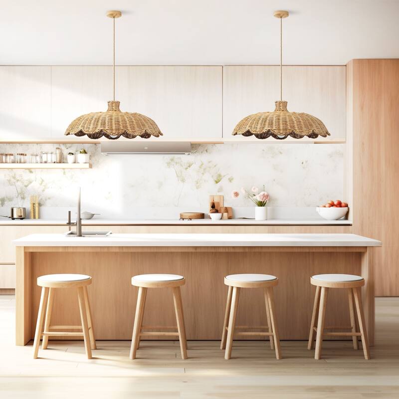 Aurelia Rattan Pendant Light - Natural Hardwired Light Fixture for Kitchen Island or Dining Room in Boho or Coastal Style