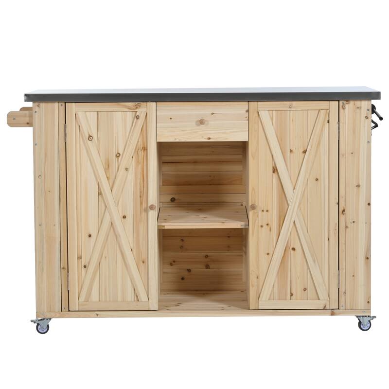 Outdoor Wood Kitchen Island w/ Stainless Steel Top,Towel,Bottle Opener