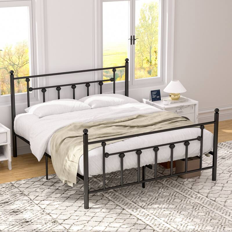 14 Inch Metal Victorian Platform Bed Frame with Headboard and Footboard, Heavy Duty Mattress Foundation with Steel Slats Support
