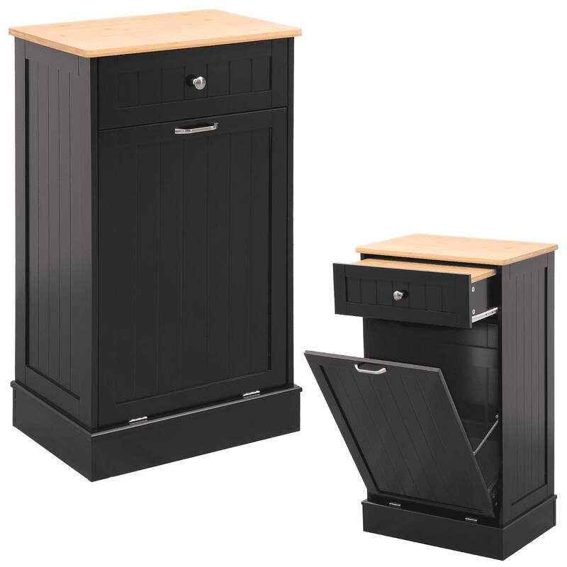 Erommy Tilt Out Trash Cabinet, Wooden Kitchen Trash Can Free Standing Waste Bin, Recycling Hideaway Garbage Can Holder