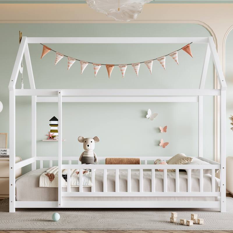 Twin Size Floor Wooden Bed with House Roof Frame, Fence Guardrails - White