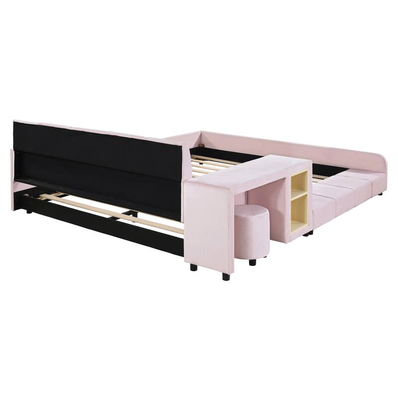 Queen Size Upholstered Grounded Bed, Mother & Child Bed with Bedside Desk and Little Round Stool, Velvet