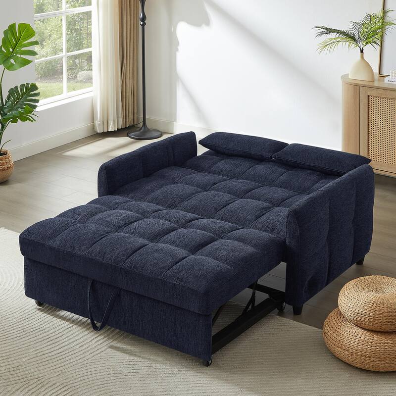 Chenille Loveseat Sofa Pull-out Sofa Bed, Upholstered Futon Sofa Adjustable Backrest Lounge Couch w3 USB Ports & 2 Pillows