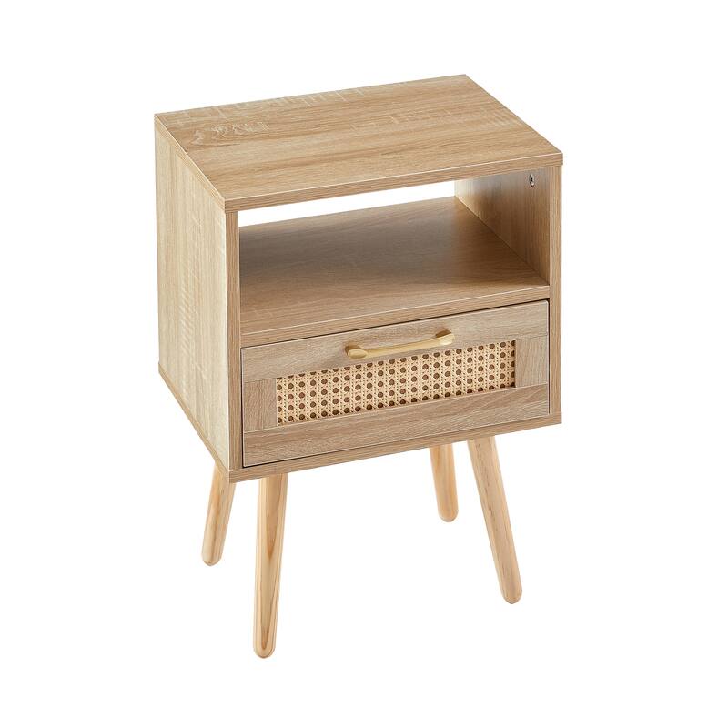 15.7" Rattan Nightstand, Living Room Brown Storage Cabinet, End Table Side Table for Bedroom with Drawer and Solid Wood Legs