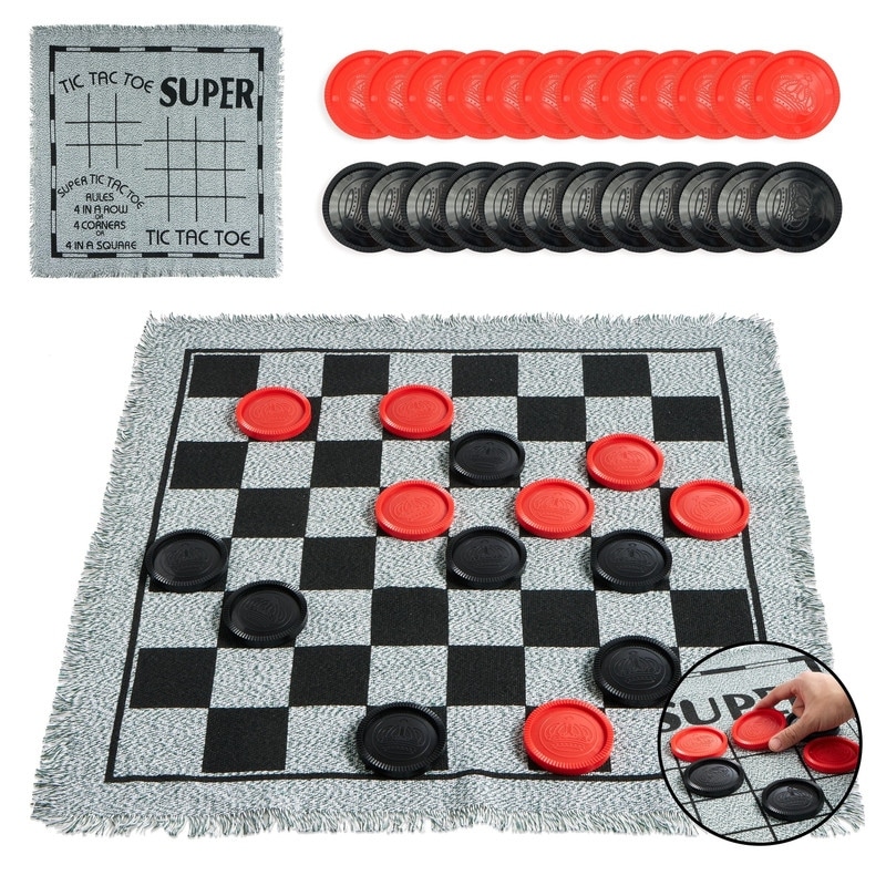 3-in-1 Vintage Giant Checkers, Tic, Tac, Toe, with Reversible Mat, 24 Chips - Multicolor