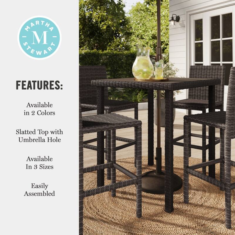 Martha Stewart Outdoor Rattan Wicker Patio Bar Table with Engineered Wood Top - 37"W x 37"D x 41"H