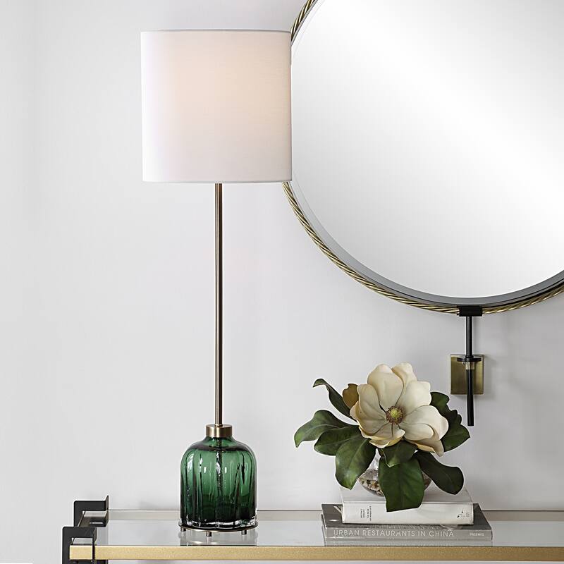Fluted Emerald Glass Base Buffet Lamp with Drum Shade - 37 - Green