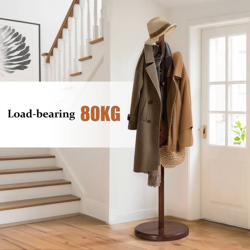 Solid Wood Coat Rack Freestanding Coat Tree Stand with 9 Hooks - 72.4"H x 15.4"W