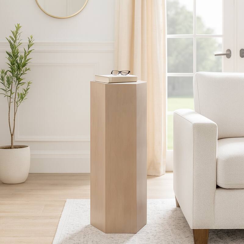 Elegant Natural Wood Accent Side Table with Geometric Design - 36", Tan