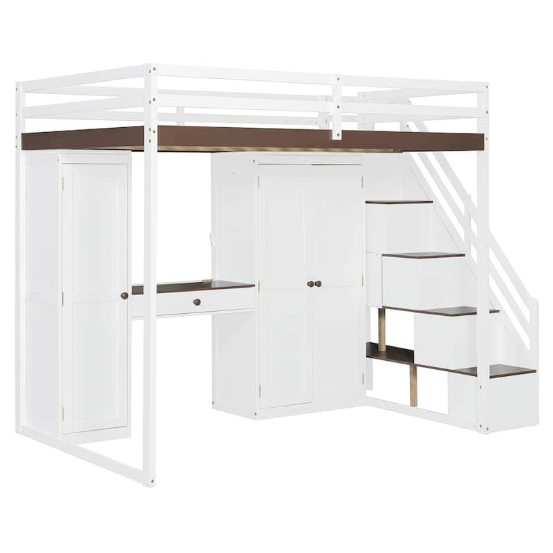 Full Size Loft Bed with Storage Staircase, Built-in Dressing Table, Mirror & Wardrobe - USB Charging & Lights