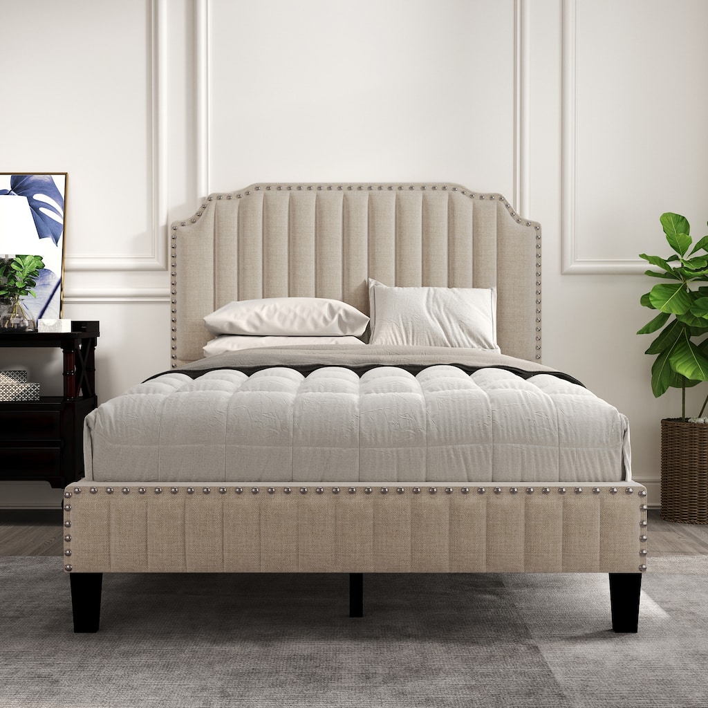 Modern Solid Wood Curved Upholstered Platform Bed with Nailhead Trim