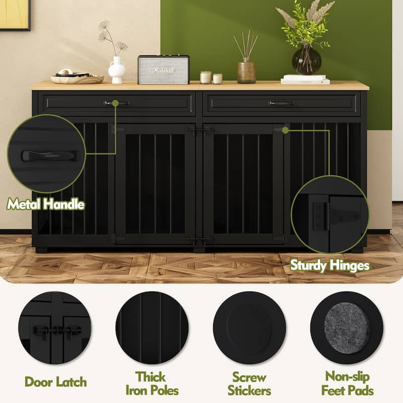 Wooden Double Dog Crate Kennel Furniture with 2 Drawers & Divider