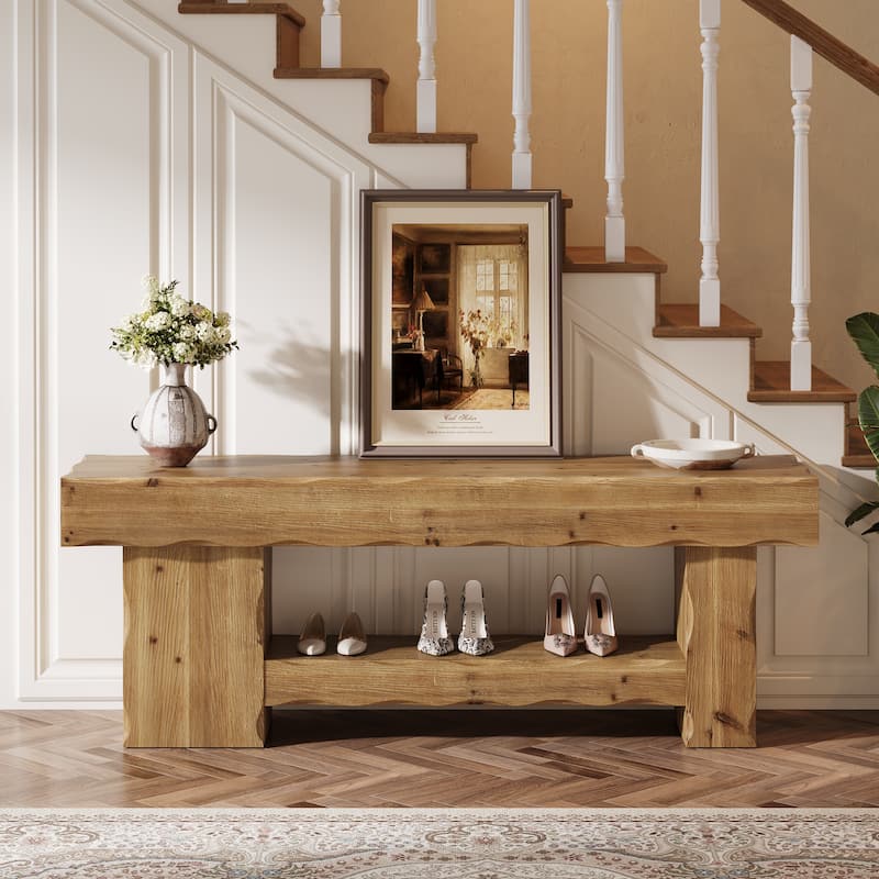 2 Tier Solid Wood Bench for Entryway, Bedroom, Kitchen, Dining Room, Living Room, Farmhouse Style, 63 Inch