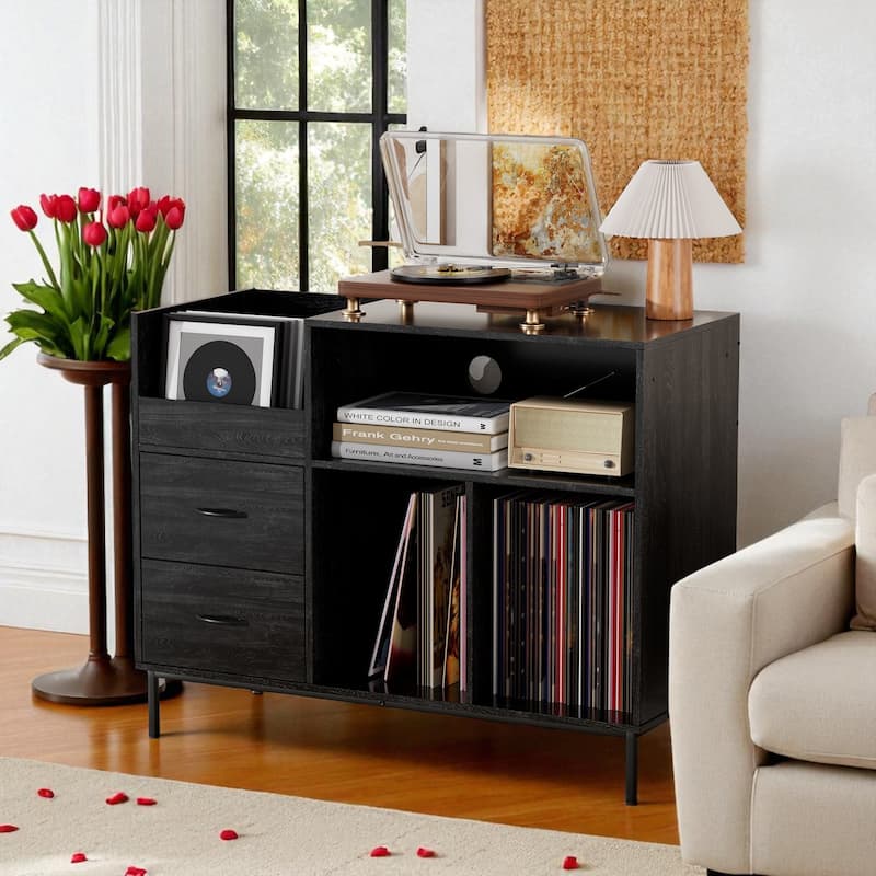 Record Player Stand with Power Outlet, Flip-Down Lid, Vinyl Storage for 300 Albums, Drawers and Steel Legs - Black