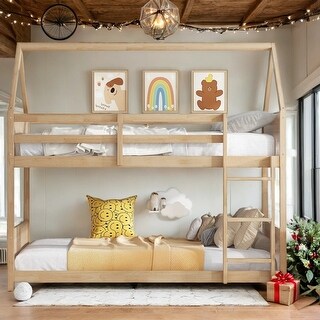 Wooden House-shaped Bunk Bed with Headboards,Guardrails,Ladder,Twin Over Twin for Bedroom